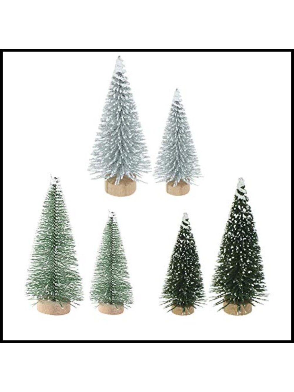 Miniature Pine Trees Sisal Snow Frost Ornaments Wooden Base Set of 6